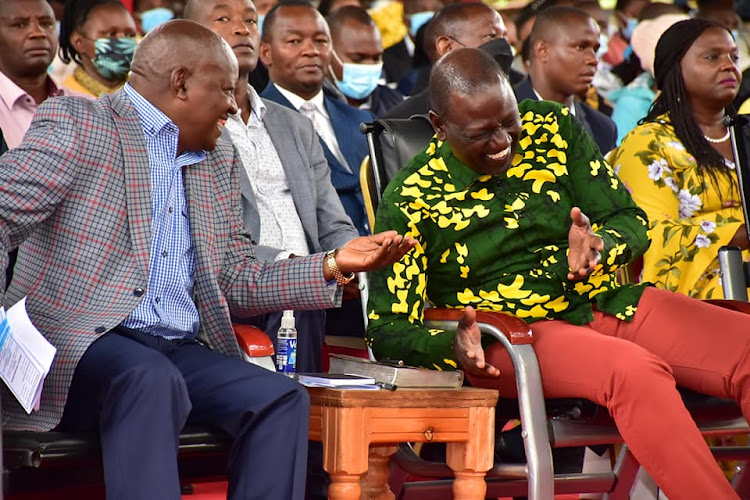 Nyeri Governor Mutahi Kahiga and Deputy President William Ruto at PEFA Church, Ngangarithi, in Nyeri town on Sunday