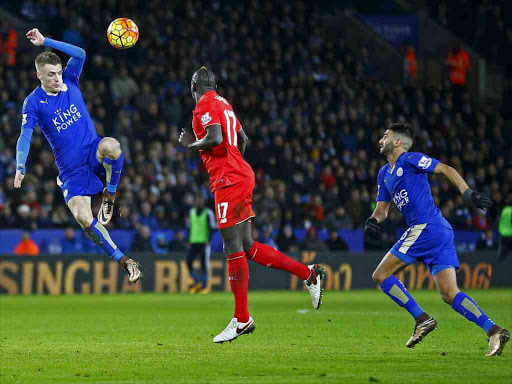 Leicester City's Jamie Vardy and Riyad Mahrez in action with Liverpool's Mamadou Sakho during Leicester City v Liverpool at King Power Stadium - 2/2/16 Reuters/Darren Staples