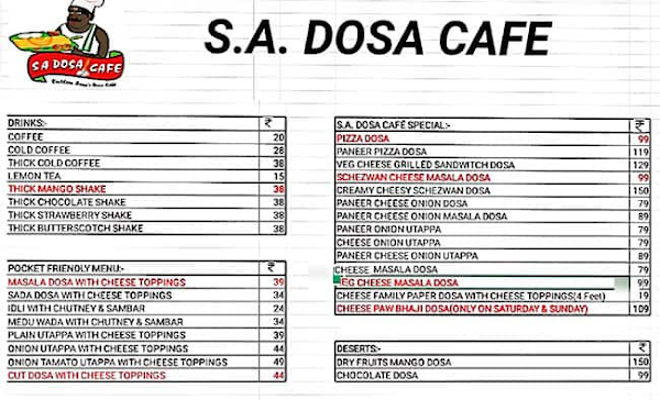 S.A Dosa Cafe menu 