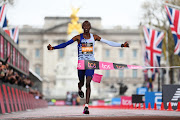 Kelvin Kiptum of Kenya crosses the finish line to win the Elite Men's Marathon of the 2023 TCS London Marathon on April 23 2023.