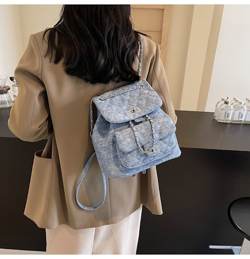 Title 15, Denim Rhombus Small Chain Backpack, Large Capac...