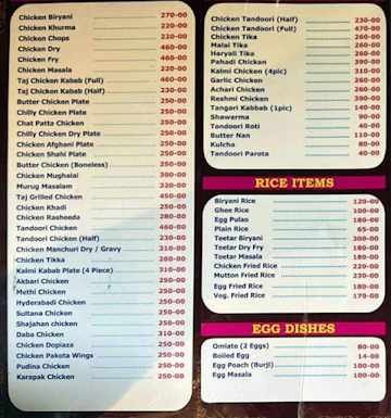 Taj Restaurant menu 