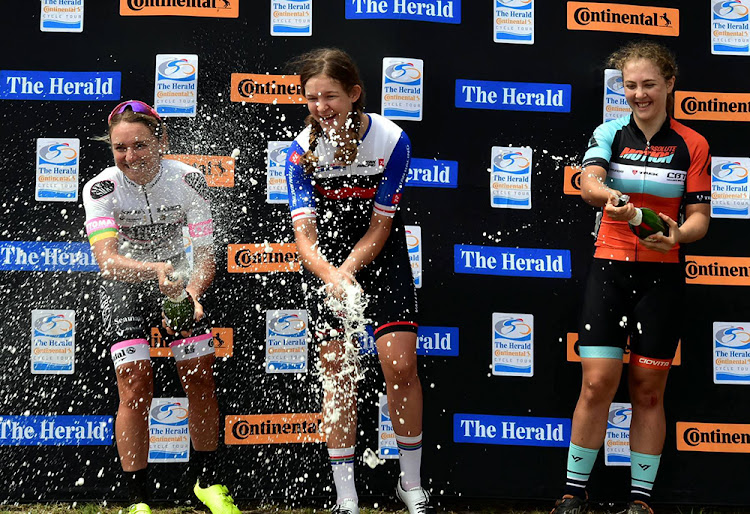 From left, Anriette Schoeman, winner Tiffany Keep and Frances Janse van Rensburg on the women's podium after the race.