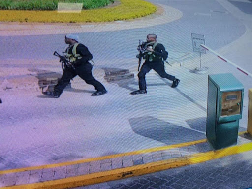 Ali Salim Gichunge (left) and hios companion caught on this CCTV footage entering the Dusit D2 hotel complex on Tuesday, January 15, 2019. /COURTESY