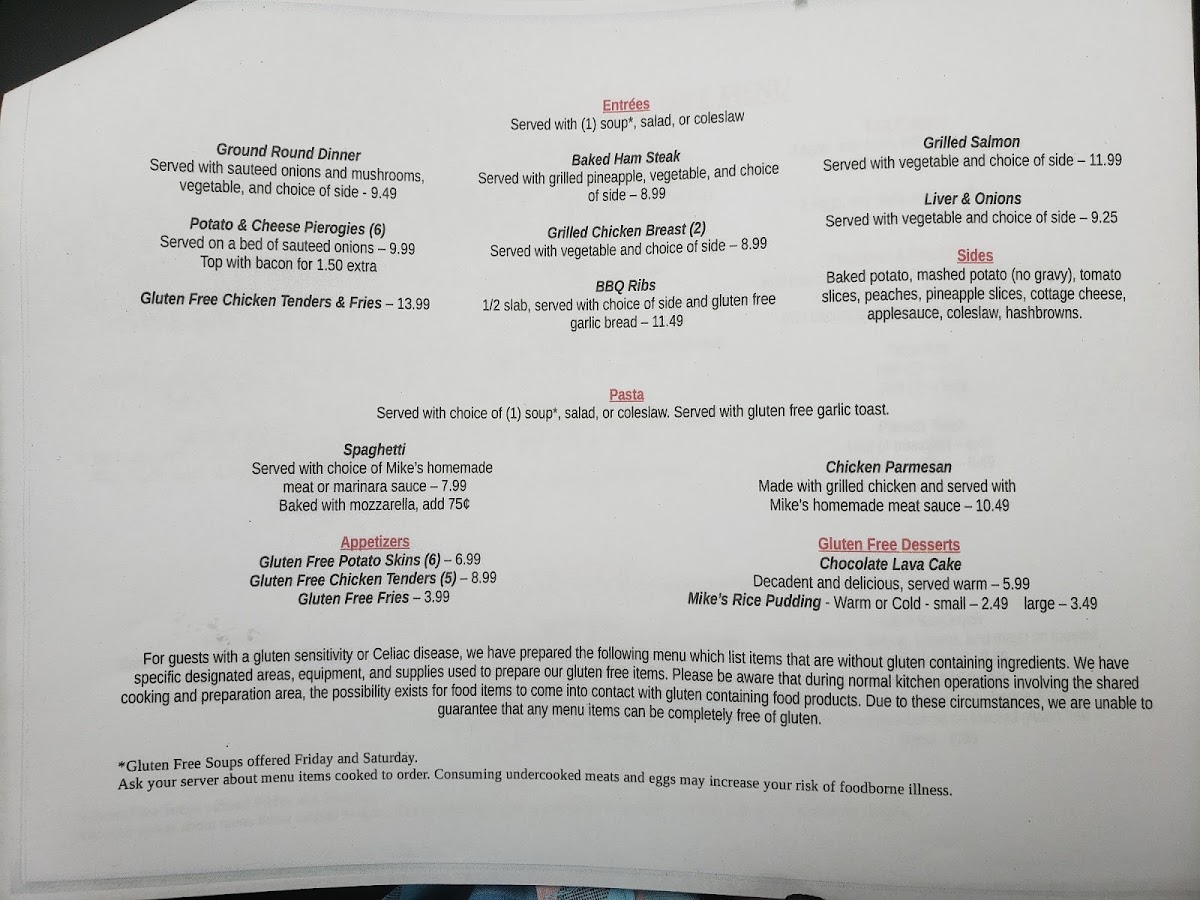 Mr Mike's Grill gluten-free menu