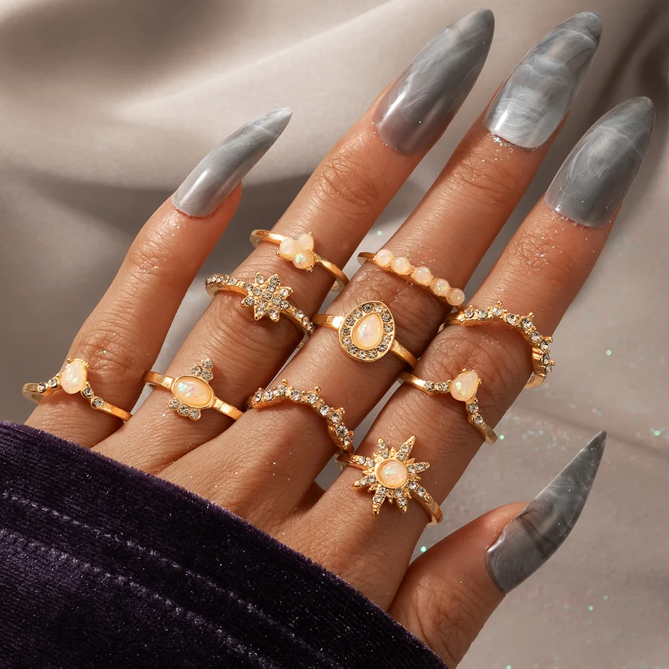Modieuze Elegante Ringen met Sterren en Waterdruppel Diamanten, 10-delige set, Protein Alloy, ideaal voor een stijlvolle look.