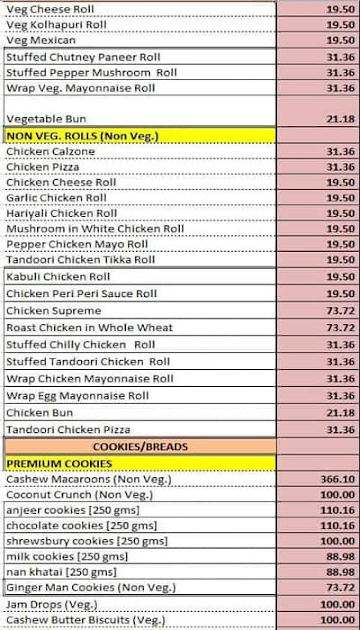 Merwans Cake Stop menu 