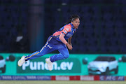 Shabnim Ismail of Mumbai Indians delivers a ball during the WIPL match against Delhi Capitals at Arun Jaitley Stadium in Delhi, India on Tuesday.