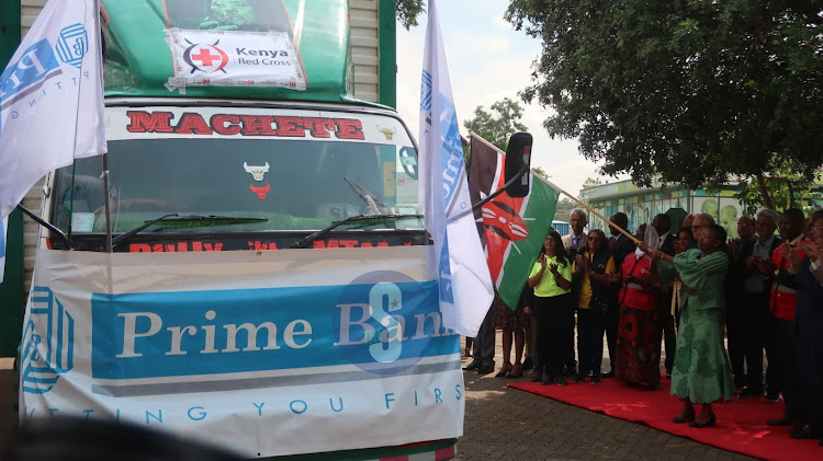 First Lady Rachel Ruto flagging off the joint emergency famine relief food at Parklands Sports Club Nairobi on March 24, 2023.