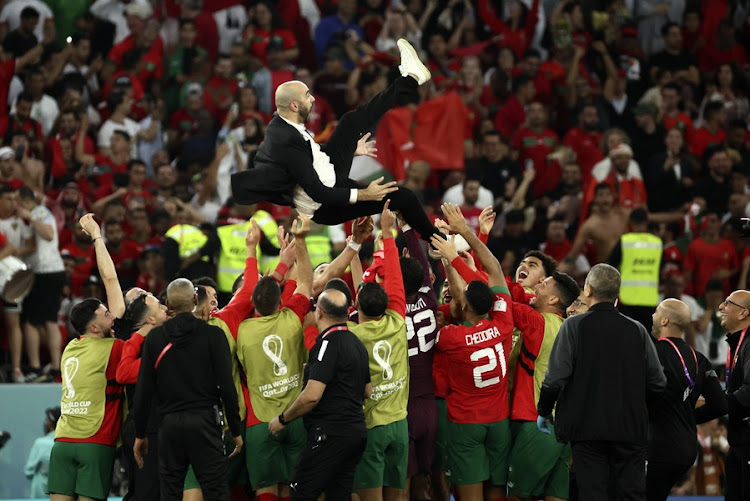 Walid Regragui (top), head coach of Morocco, is lifted by players after the Round of 16 match against Spain in the 2022 FIFA World Cup at Education City Stadium in Al Rayyan, Qatar, Dec. 6, 2022.