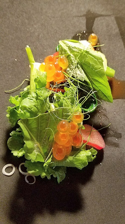 Journey of a Dinner at LangBaan with their May 2017 Tour of Thailand menu: Pra plaa salmon, a dish of Central style cured salmon, rhubarb, ramps, garden cress, ikura, toasted rice