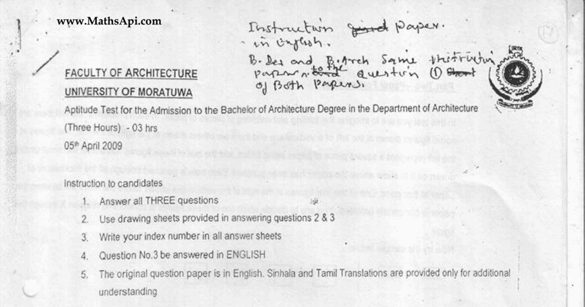 University Of Moratuwa Bachelor Of Architecture Aptitude Test 2009 pdf Google Drive