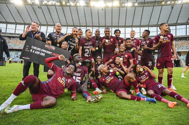 Stellenbosch celebrate winning the Carling Knockout final match between Stellenbosch FC and TS Galaxy at Moses Mabhida Stadium in Durban on Saturday. (Photo by Darren Stewart/Gallo Images)