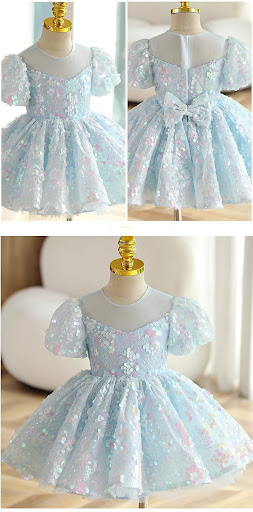 Title 5, Girls Blue Sequins New Puff Sleeve Umbrella Pri...