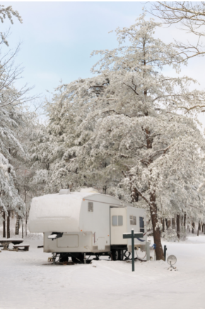 RV in the snow under a tree