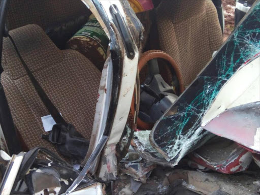 The wreckage of a saloon car that was involved in an accident with an Nandi County ambulance at Mulango, Eldoret-Kapsabet road, May 26, 2017. /MATHEWS NDANYI