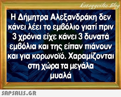 Η Δήμητρα Αλεξανδράκη δεν κάνει λέει το εμβόλιο γιατί πριν 3 χρόνια είχε κάνει 3 δυνατά εμβόλια και της είπαν πιάνουν και για κορωνοϊό. Χαραμίζοντα στη χρα τα μεγάλα μυαλά