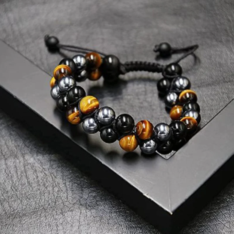 Black Magnet Agate Double Row Braided Bracelet. Stylish, energy-boosting and protective. A fashionable accessory for bot