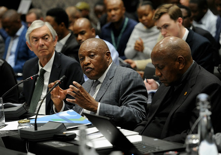 Premier Soccer League (PSL) chairman Irvin Khoza and executive committee member Kaizer Motaung during the Independent Communications Authority of South Africa (ICASA) draft sports broadcasting hearing on May 29, 2019 in Centurion, South Africa.