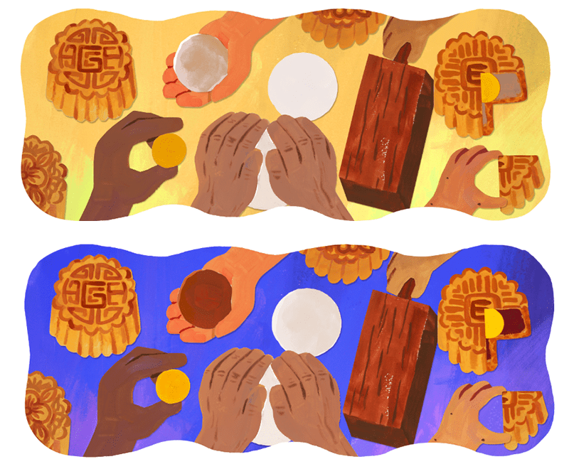 Two illustrations of hands forming mooncakes