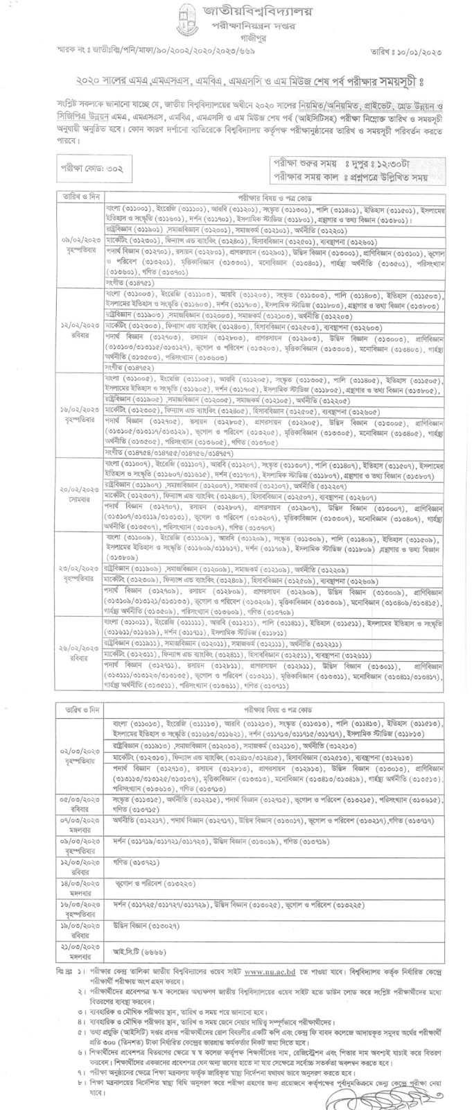 NU Masters Final Year Exam Routine