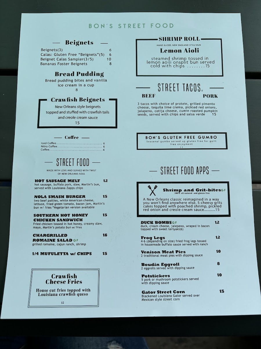 Bon's New Orleans Street Food gluten-free menu