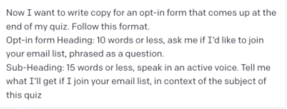 screenshot of user asking chatGPT to write copy for an opt-in form