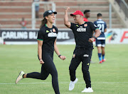 Highlands Park head coach Owen Da Gama (R) celebrates during an Absa Premiership match.  