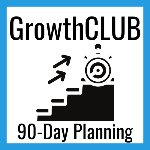 Blue rectangle outlines the Growth Club program icon of a set of stairs with arrows going up and a timer at the top. This represents steady action for business growth in a specific time line. Growth Club plans and executes actionable growth for each quarter.