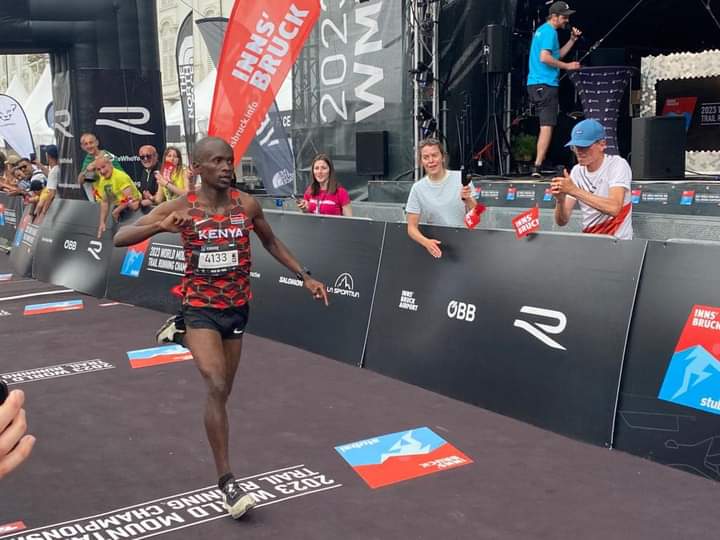 Philemon Kiriago crosses the finishing like during World Mountain and trail running championships in Austria on Saturday.