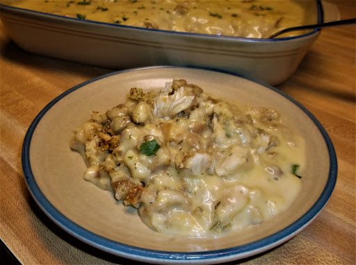 CHICKEN & STUFFING with GRAVY, plated.