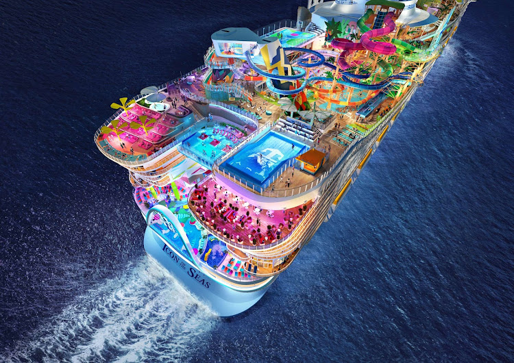 An aerial of the aft of Icon of the Seas (digital rendering). 