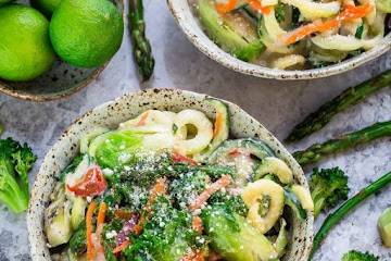 Cauliflower Alfredo Zoodles with Asparagus & Spring Vegetables