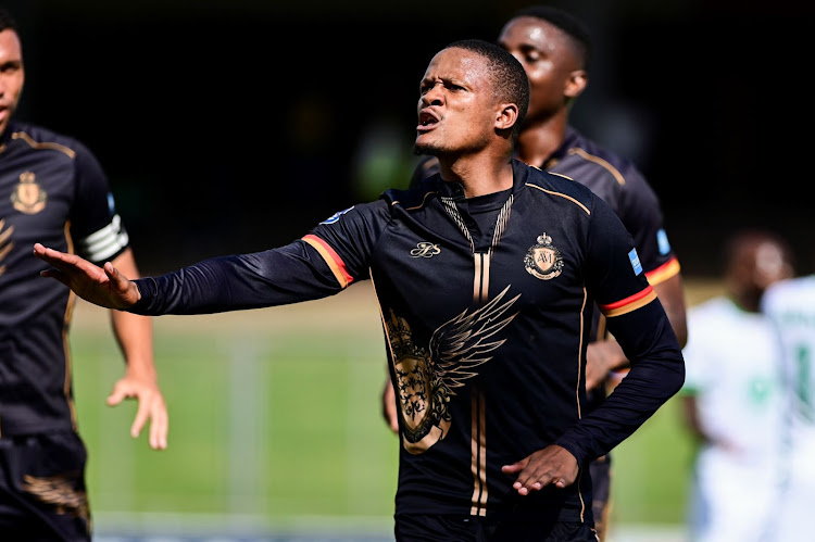 Royal AM forward Sera Motebang of Royal AM celebrates scoring during the DStv Premiership match against AmaZulu FC at Chatsworth Stadium on January 08, 2023.