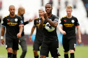 Hat-trick hero Manchester City's Raheem Sterling applauds the fans as he holds the match ball after the game at the London Stadium.  