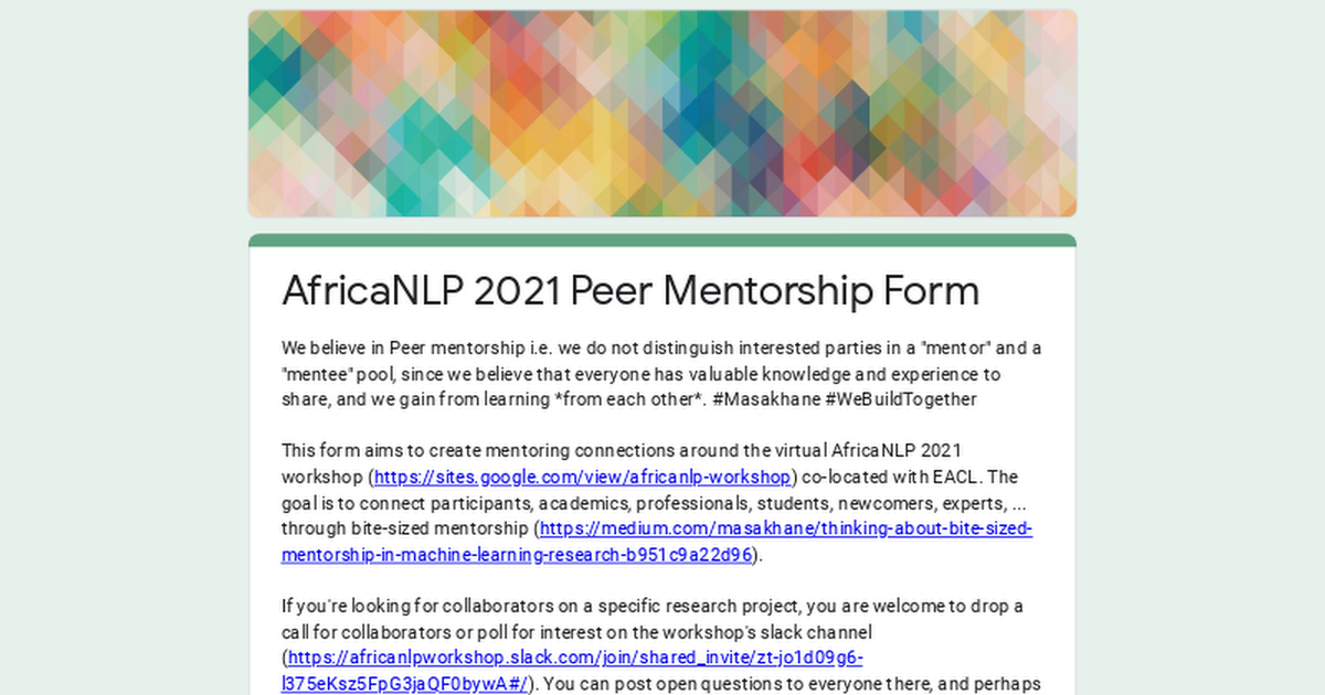 AfricaNLP 2021 Peer Mentorship Form