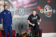 Orlando Pirates coach Josef Zinnbauer and Gavin Hunt, then coach of Kaizer Chiefs, but who has since been fired, during the 2021 Carling Black Label Cup Launch in Johannesburg on Tuesday, May 25, 2021.
