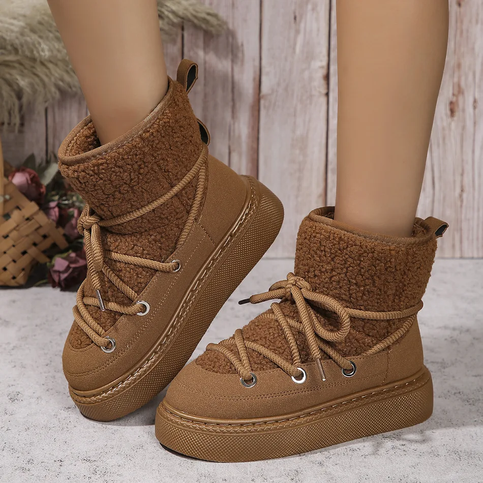 Damen Winter Schneestiefel mit Schnürung, flach, warm und dick-sohlig. Bequeme, lässige, höhenverstellende Kurzstiefel aus Baumwolle.