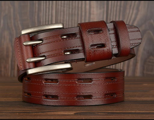 Title 14, Cinto de couro masculino com fivela de pino dup...