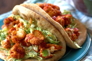 Barbecue Cauliflower Pitas with Avocado Ranch Slaw