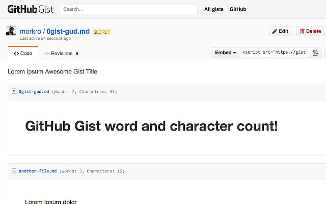 GitHub Gist Word Count