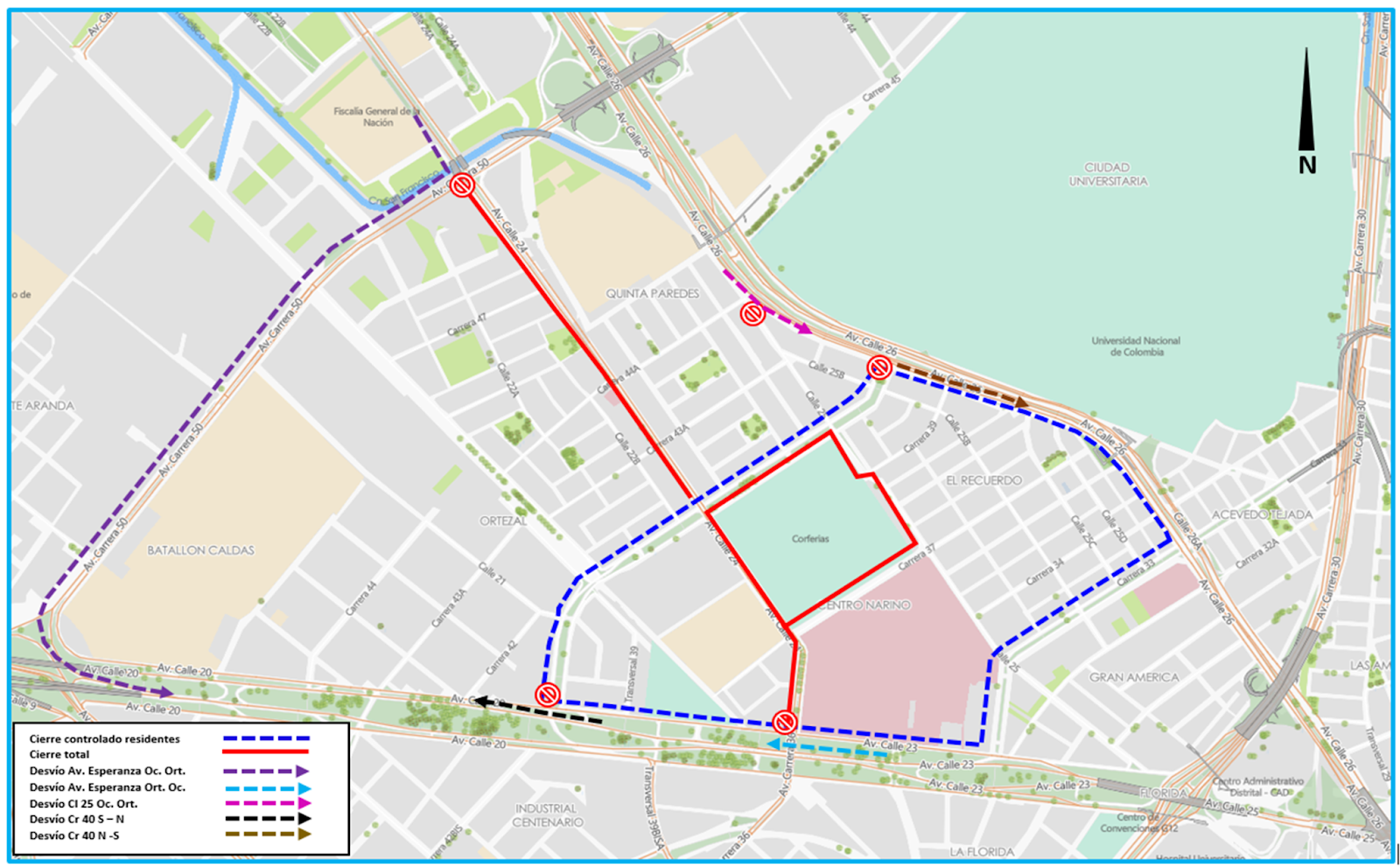 Mapa del cierre de vías en las inmediaciones de Corferias, entre la carrera 33 y carrera 40 y entre la Av. Américas y Calle 26 desde las 10:00 p.m. del 28 de mayo hasta las 11:00 p.m. del domingo