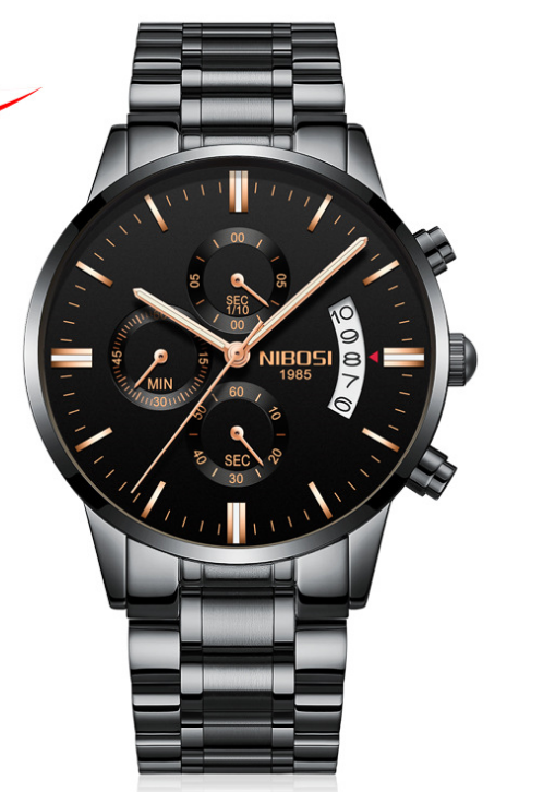 Relógio masculino de aço sólido à prova d'água com vidro revestido, luminoso, três olhos, 6 pinos e movimento quartz. Durabilidade e elegância.