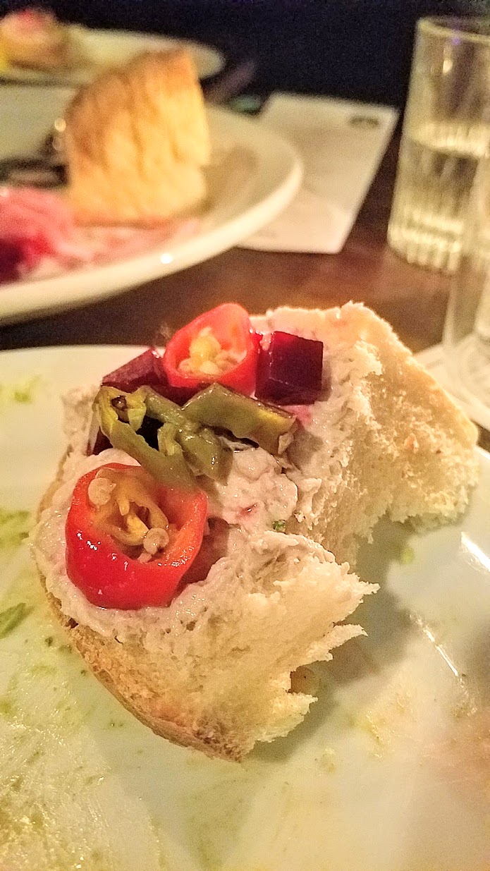 Bluefish Pate with with house pickle and house bread at Radar Restaurant on North Mississippi, Portland