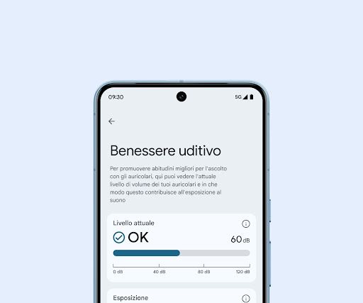 Uno smartphone Pixel con l'app Pixel Buds aperta che permette di visualizzare dati riguardanti il benessere uditivo
