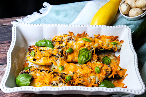 Roasted Stuffed Zucchini & Summer Squash with basil.