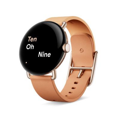 Angled Google Pixel Watch Two-Tone Leather band. Available in Linen, Charcoal, and Chalk colors