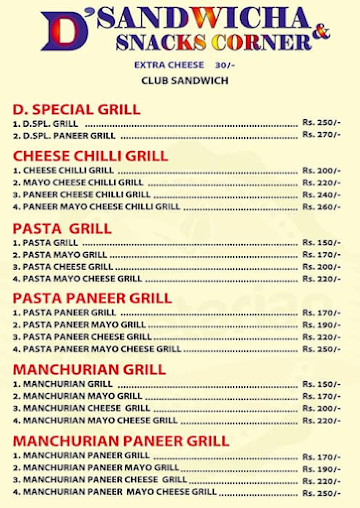 D' Sandwicha & Snacks Corner menu 