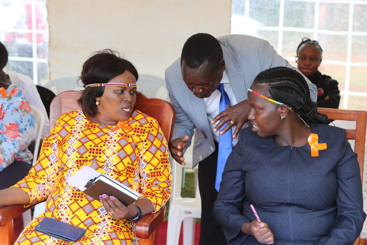 Elgeyo Marakwet Deputy Governor Professor Grace Cheserek and the county 'first lady' Fiona Rotich at the event marking the start of 16 days of activism against GBV in Elgeyo Marakwet