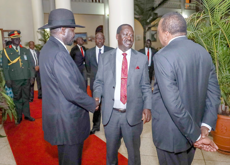 South Sudan President Salva Kiir, former Prime Minister Raila Odinga and President Uhuru Kenyatta at State House, Nairobi.